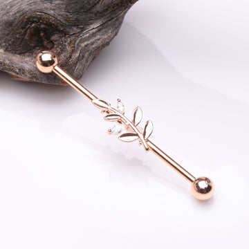 Detail View 1 of Rose Gold Dainty Sparkle Leaflet Industrial Barbell-Clear Gem
